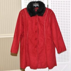 Plus Size 1X Anne Klein Red Button Down Faux Suede & Fur Coat With Black Collar